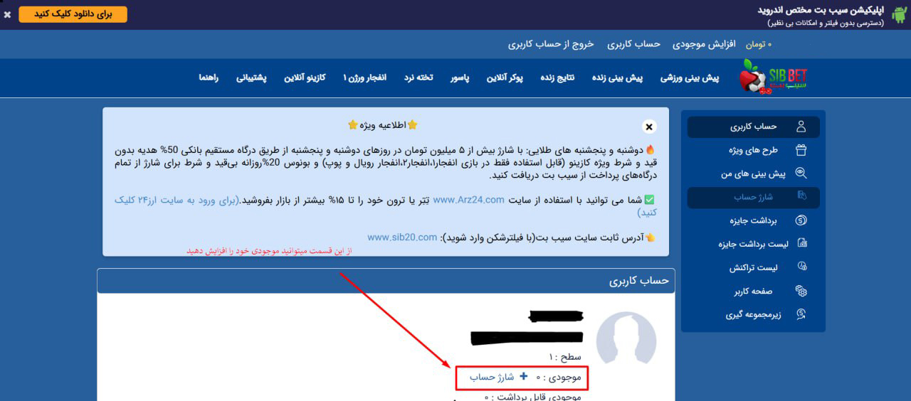 نحوه شارژحساب در سیب بت